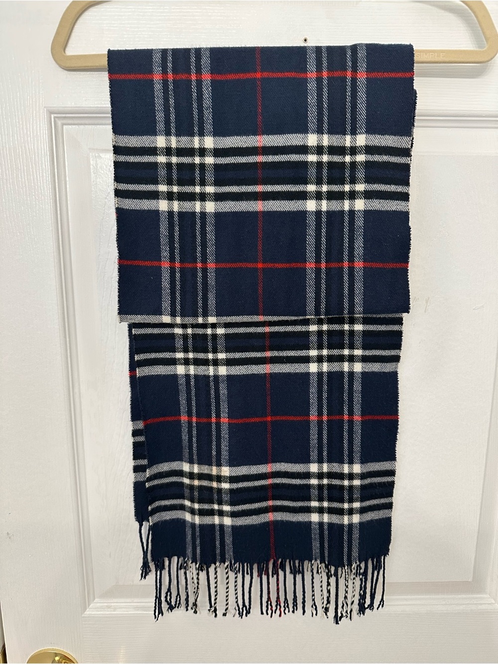 Navy Plaid Fringe Scarf with Red & White Accents - Men